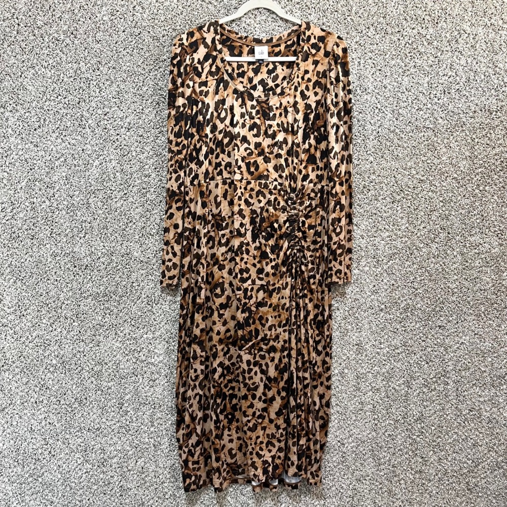 Cabi Dress Women's Large Selma Brown Leopard Print Ruched Long Sleeve Midi